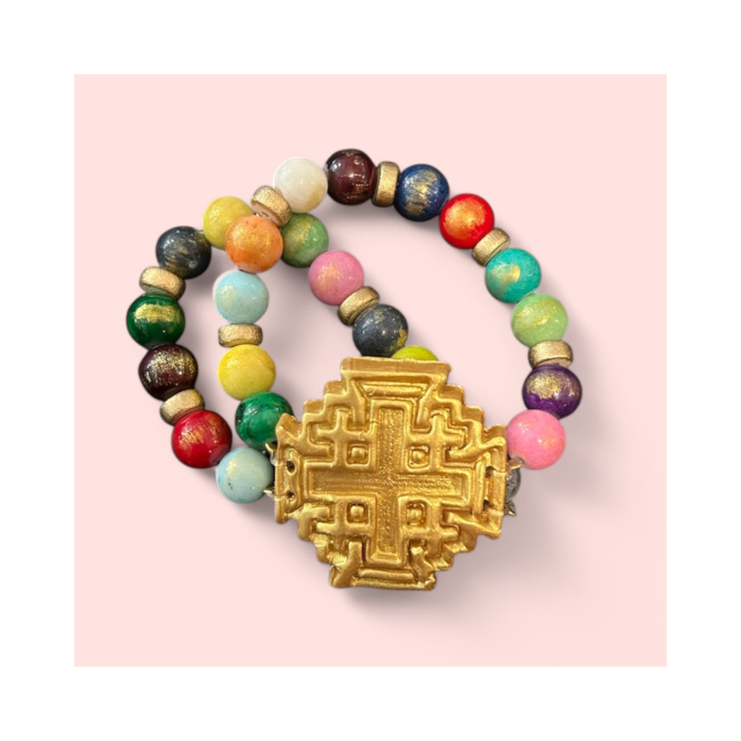 Multicolored Jade Double Strand with Jerusalem Cross Bracelet