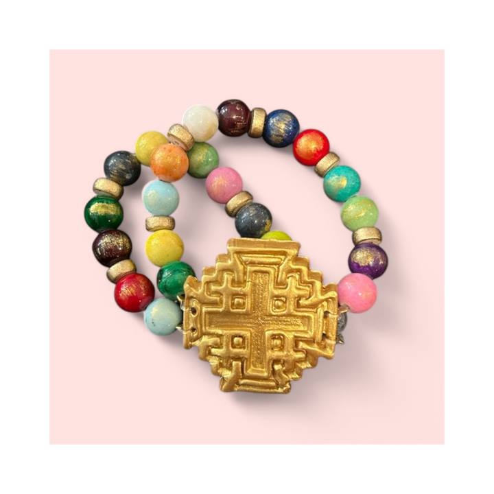 Multicolored Jade Double Strand with Jerusalem Cross Bracelet